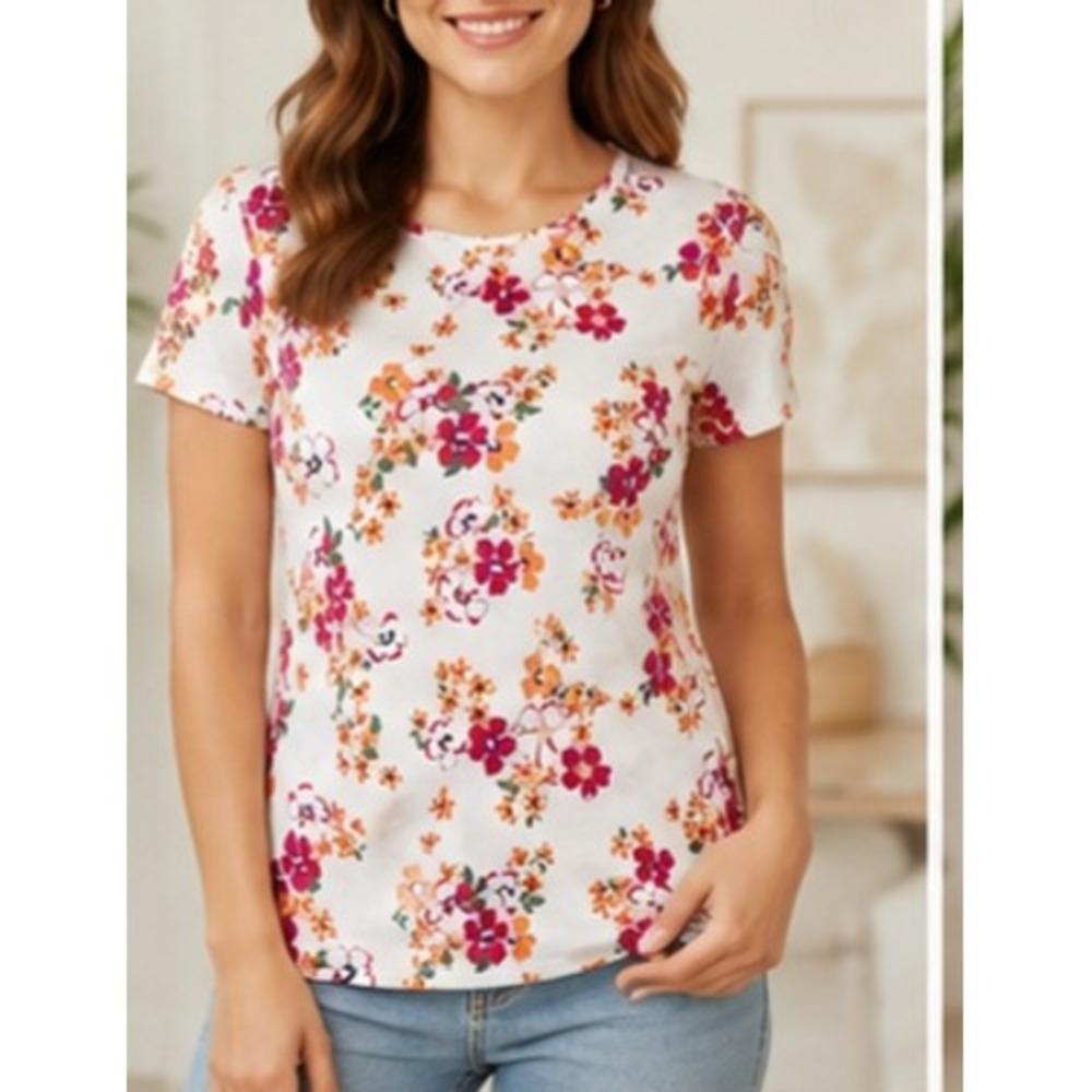 Croft & Barrow Womens Classic Tee Floral Print Cotton Short Sleeve Top White XS